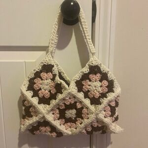 Handmade crochet shabby chic pink, brown and white granny square bag